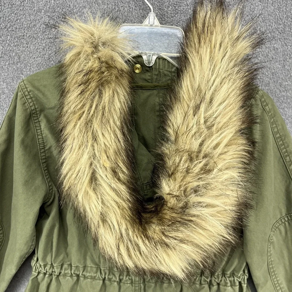 GAP Kids Jacket Girls Small 6-7 Olive Hooded Parka Faux Fur‎ Trim Utility Anorak
